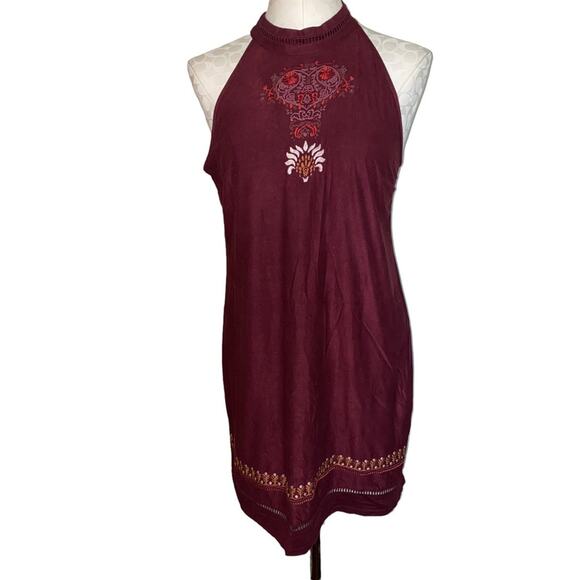 Alya Boho Embroidered Halter Faux Suede Mini Dress Size Medium Burgundy - Picture 6 of 8